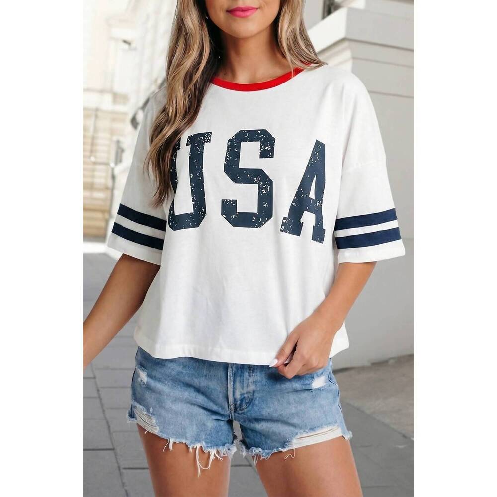 NEW AAPPARELLA usa letter print striped sleeve tee in white